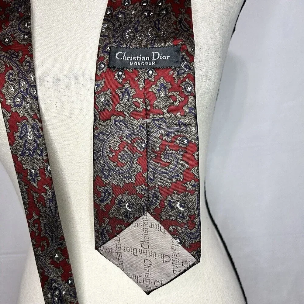 Christian Dior Monsieur Paisley Tie 100% Silk 59” X 4” USA Vintage
